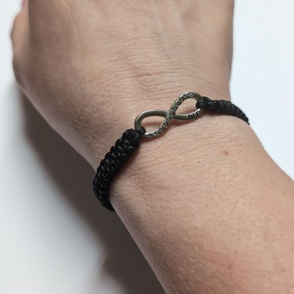 190 Black Woven Adjustable Slider Bracelet with Infinity Rhinestones BFF Charm - Picture 6 of 7
